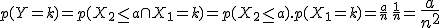 2$p(Y=k)=p(X_2\le a\cap X_1=k)=p(X_2\le a).p( X_1=k)=\frac a n\,\frac 1 n = \Large \frac a {n^2}